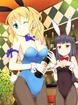  ;) alcohol animal_ears bare_shoulders black_hair black_legwear blonde_hair blue_eyes bottle bow bowtie breast_envy breasts bunny_ears bunny_girl bunny_tail bunnysuit cleavage covered_navel detached_collar earrings frown ikura_hato jewelry large_breasts long_hair looking_at_viewer multiple_girls one_eye_closed original pantyhose plant red_eyes short_hair smile tail vines wine wrist_cuffs 