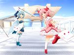  beautiful_world_(artist) blue_eyes blue_hair flat_chest gloves kaname_madoka kyubey looking_back magical_girl mahou_shoujo_madoka_magica miki_sayaka multiple_girls one_eye_closed pink_eyes pink_hair short_hair smile sword tokyo_big_sight weapon 