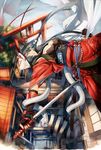  architecture bad_id bad_pixiv_id black_hair east_asian_architecture fox_mask highres japanese_clothes kz-kura mask original perspective snake solo sword weapon 