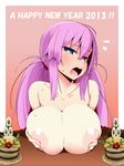  2013 artist_request blue_eyes blush breast_squeeze breasts food huge_breasts long_hair looking_at_viewer new_year nipples nude open_mouth original purple_hair solo sweat twintails very_long_hair 