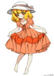  barefoot blonde_hair blush colorized curtsey dress hairband hat highres kise_yayoi long_hair precure smile smile_precure! solo yellow_eyes yukiwo 