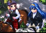  alternate_costume arcana_heart blue_eyes blue_hair brown_hair checkered cravat dappled_sunlight fiona_mayfield gloves hair_bobbles hair_ornament hairband horse horseback_riding jacket long_hair mizuki_gyokuran multiple_girls necktie official_art pants red_eyes riding saddle shade shirt squirrel sunlight tsuzura_saki twintails v-neck vest white_gloves 