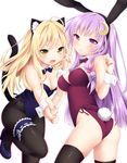  :d animal_ears bad_id bad_pixiv_id bare_shoulders black_legwear blonde_hair blush breasts bunny_ears bunnysuit cat_ears cat_tail cleavage crescent crescent_hair_ornament detached_collar etou_(cherry7) fake_animal_ears fang garters hair_ornament highres kirisame_marisa long_hair medium_breasts multiple_girls open_mouth pantyhose patchouli_knowledge purple_eyes purple_hair ribbon smile tail thighhighs touhou v wrist_cuffs yellow_eyes 