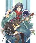  2013 black_eyes black_hair black_legwear electric_guitar guitar holding instrument japanese_clothes kimono long_hair looking_at_viewer miz obi open_mouth original plaid plaid_scarf plectrum red_scarf sash scarf smile solo thighhighs whammy_bar 