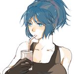  alternate_hairstyle bad_id bad_pixiv_id bare_shoulders black_gloves blue_eyes blue_hair breasts can cleavage drink drinking drinking_straw gloves juice large_breasts leona_heidern long_hair ponytail shuang9705 sipping solo tank_top the_king_of_fighters updo 