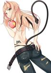  apple ass back belt brown_hair demon_girl demon_wings denim food from_behind fruit holding jeans kinugasa_yuuichi long_hair looking_at_viewer open_mouth original panties pants pointy_ears simple_background snake solo tail tattoo topless torn_clothes underwear white_background wings yellow_eyes 