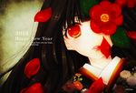  2013 black_hair blush flower ichimatsu_nana japanese_clothes long_hair looking_at_viewer new_year one_eye_covered original red_eyes solo 