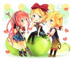  2girls akiyoshi_(tama-pete) apple blonde_hair blue_eyes brother_and_sister chibi food fork fruit hair_ornament hair_ribbon hairclip kagamine_len kagamine_rin long_hair megurine_luka multiple_girls pink_hair ribbon short_hair siblings smile vocaloid 