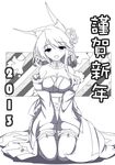  2013 :d animal_ears breasts chinese cleavage cowboy_shot detached_sleeves dress fatkewell fox_ears fox_tail frilled_legwear happy_new_year japanese_clothes kimono kneeling large_breasts lineart looking_at_viewer monochrome new_year open_mouth original simple_background smile tail thighhighs white_background 