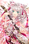  blue_eyes blush detached_sleeves flower hair_ornament instrument long_hair open_mouth original petals ran_(artist) smile solo white_hair 