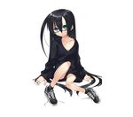  ahoge black_hair character_request feet glasses green_eyes kurokona long_hair lucky_star shoes sitting smile sneakers socks 