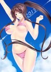  2013 bikini blue_eyes breasts brown_hair cloud day kai_(link2262) large_breasts long_hair navel open_mouth original sky solo striped striped_bikini swimsuit very_long_hair 