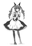  akiha_rumiho animal_ears bad_id bad_pixiv_id blush cat_ears drill_hair greyscale hands_clasped long_hair looking_at_viewer maid_headdress monochrome own_hands_together pantyhose puyo simple_background smile solo steins;gate twin_drills twintails waitress 