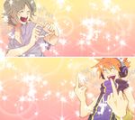  ^_^ bare_shoulders closed_eyes collarbone hakei headphones heart heart_hands highres jewelry kiryuu_yoshiya laughing middle_finger multiple_boys open_mouth orange_hair pendant purple_hair sakuraba_neku shirt short_sleeves sleeveless smile sparkle spiked_hair split_screen subarashiki_kono_sekai 