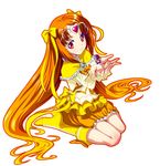  boots bow brooch bubble_skirt choker circlet cure_muse_(yellow) dodory fairy_tone frills hair_ribbon heart holding jewelry knee_boots long_hair magical_girl orange_hair orange_skirt precure red_eyes ribbon shirabe_ako sitting skirt smile solo suite_precure wariza white_background yellow_bow yone 