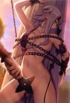  1girl absurdres bdsm bondage bottomless bound breasts chains eiwa green_eyes highres large_breasts long_hair official_art queen&#039;s_blade queen's_blade queen's_blade_vanquished_queens shizuka_(queen&#039;s_blade) shizuka_(queen's_blade) torn_clothes white_hair 