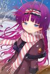  blue_eyes blush breath coat feli_(puyopuyo) hair_ribbon headband highres long_hair looking_at_viewer matanonki purple_hair puyopuyo puyopuyo_fever ribbon scarf smile snow solo 