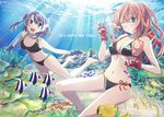  2girls barefoot bikini blue_eyes brown_hair fingerless_gloves fish freediving gloves kaeru_(kaerism) long_hair momoko_(kaeru314) multiple_girls new_year one_eye_closed original purple_hair ruri_(kaeru314) short_hair smile swimming swimsuit underwater v 