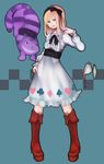  :d absurdres alice_(wonderland) alice_in_wonderland blonde_hair blue_background blue_eyes boots bow cat checkered cheshire_cat cup dress grin hair_bow hair_ribbon highres knee_boots looking_at_viewer nankaidools open_mouth pigeon-toed purple_eyes red_footwear ribbon simple_background smile striped tea teacup teeth thighhighs zettai_ryouiki 
