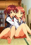  2girls absurdres ahoge ass barefoot bottomless brown_eyes feet happy highres isshiki_akane isshiki_momo legs multiple_girls no_shoes nopan nude_filter nyantype photoshop pussy red_hair school_uniform serafuku side_ponytail smile soles toes twintails uncensored vividred_operation wink yuri 