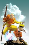  aang aerokinesis avatar:_the_last_airbender avatar_(series) bald blonde_hair blue_eyes cape cloud crossover day element_bending forehead_protector highres john_amor konohagakure_symbol kunai multiple_boys naruto naruto_(series) nickelodeon ninja power_connection short_hair staff tattoo uzumaki_naruto weapon wind 