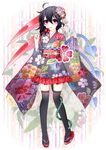  2013 ahoge alternate_costume asymmetrical_wings bamboo black_hair black_legwear blush bow candy candy_apple commentary_request fang floral_print flower food frills hair_flower hair_ornament highres houjuu_nue japanese_clothes kimono lollipop new_year open_mouth red_eyes sandals seigaiha short_hair smile snake solo suzume_miku thighhighs touhou wide_sleeves wings zettai_ryouiki 