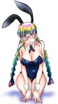  1girl animal_ears blue_eyes blush braid braids breasts bunny_ears bunny_suit bunnysuit detached_cuffs glasses highres kneeling looking_at_viewer multicolored_hair natano_hisanori solo wrist_cuffs 