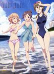  3girls absurdres barefoot beach bikini black_hair blonde_hair braid braids brown_eyes calendar cloud clouds curls curly_hair feet flower glasses goggles hanasaku_iroha hand_holding highres long_hair matsumae_ohana multiple_girls official_art open_mouth oshimizu_nako school_swimsuit short_hair sidelocks sky soles swimsuit toes tsurugi_minko 