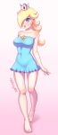  1girl bare_arms bare_shoulders barefoot blonde_hair blue_dress blue_eyes blush breasts collarbone covered_navel crown dress earrings feet full_body glitchynpc gradient gradient_background hair_over_one_eye jewelry large_breasts legs lips long_hair looking_at_viewer mario_(series) nintendo parted_lips pink_background rosetta_(mario) solo standing strapless strapless_dress 