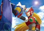  aircraft airplane android armor back blonde_hair blue_eyes cloud condensation_trail copyright_name day fist_bump hand_on_hip helmet jet lens_flare long_hair low_ponytail metal_wings multiple_boys outdoors ponytail robot rockman rockman_x sky smile storm_eagleed sun very_long_hair wakky wings zero_(rockman) 