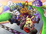  ^_^ artist_request charizard crossover eyes_closed fake_game karts mario_(series) mario_kart nintendo no_humans outdoors parody pikachu pokemon racing super_mario_bros. super_mario_kart zoroark 