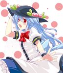  :d blue_hair blush fa_no_hito food fruit hand_on_headwear hat highres hinanawi_tenshi long_hair open_mouth peach red_eyes smile solo touhou wrist_cuffs 