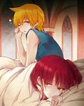  1girl ali_baba_saluja bed blanket blonde_hair commentary earrings jewelry long_hair magi_the_labyrinth_of_magic morgiana nightmare ocha_(hutuumikan) one_side_up red_eyes red_hair short_hair sleepy tears waking_up yellow_eyes 