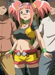  1girl breasts climax_entertainment dinosaur_king goggles jacket jewelry makino_tomoyasu midriff multiple_boys navel necklace old_man open_mouth pink_hair purple_eyes sega shirt short_hair short_shorts shorts smile standing tatsuno_malm taut_clothes taut_shirt thighhighs twintails zettai_ryouiki 