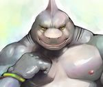 bald biceps fin fish fist gills gums happy looking_at_viewer marine muscles nipples pecs plain_background raised_arm red_eyes shark sharp_teeth smile teeth unknown_artist white_background wristband 