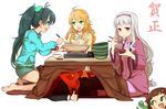  4girls :d animal aqua_eyes bad_id bad_pixiv_id barefoot black_hair blonde_hair blush bowl brown_hair chibi chopsticks eating food ganaha_hibiki green_eyes hairband hoshii_miki idolmaster idolmaster_(classic) kneeling kotatsu long_hair minatsuki_randoseru mochi multiple_girls new_year nonowa open_mouth p-head_producer pajamas ponytail producer_(idolmaster) purple_eyes shijou_takane silver_hair sitting smile snake sweat table thumbs_up under_table wagashi 