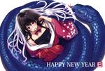  black_hair freckles gradient_hair happy_new_year japanese_clothes mouth_hold multicolored_hair new_year original red_eyes ribbon snake solo sora-bozu two-tone_hair white_hair 