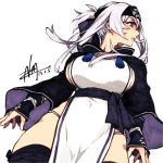  1girl ainu_clothes black_legwear breasts dated eyebrows_visible_through_hair folded_ponytail from_below fundoshi headband highres japanese_clothes kamoi_(kantai_collection) kantai_collection large_breasts long_hair nmz_(namazu) parted_lips pelvic_curtain purple_eyes sideboob signature solo thighhighs white_hair 