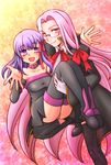  bare_shoulders bb_(fate)_(all) bb_(fate/extra_ccc) bb_(fate/extra_ccc)_(cosplay) black_legwear carrying cosplay fate/extra fate/extra_ccc fate/stay_night fate_(series) glasses hair_ribbon lace lace-trimmed_thighhighs long_hair matou_sakura mikecat multiple_girls panties princess_carry purple_eyes purple_hair ribbon rider rider_(cosplay) thighhighs underwear very_long_hair 