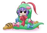  &gt;_&lt; :3 blue_hair blush_stickers bow closed_eyes costume fan ichimi nagae_iku open_mouth short_hair smile snake snake_costume solid_circle_eyes solo touhou tsuchinoko 