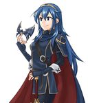  armor belt blue_eyes blue_hair cape falchion_(fire_emblem) fingerless_gloves fire_emblem fire_emblem:_kakusei gloves hazuki_(nyorosuke) long_hair lucina marth_(fire_emblem:_kakusei) mask pantyhose solo spoilers sword tiara weapon 