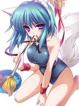  animal_ears baton blue_hair blush bowl breasts dog_ears dog_food dog_tail highres large_breasts leash leotard looking_at_viewer moneti_(daifuku) mouth_hold original pet pet_bowl purple_eyes short_hair solo tail wristband 