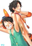  2boys back-to-back back_to_back belt black_hair brother brothers chin_cord cowboy_hat freckles hat hat_removed headwear_removed jewelry kara_(acluf-0156) male male_focus monkey_d_luffy multiple_boys muscle necklace one_piece portgas_d_ace scar shueisha siblings signature smile stampede_string straw_hat teeth vest 