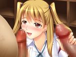  1girl akiyama_kanon blonde_hair blue_gale blush breasts double_handjob fat fat_man handjob happy_sex jk_to_orc_heidan_aku_buta_oni_ni_ryougyakusareta_seijo_gakuen kanon_akiyama large_breasts penis 