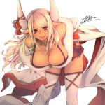  1girl bare_shoulders bent_over blonde_hair breasts brown_eyes cleavage dark_skin draph earrings fangs fur-trimmed_jacket fur_trim gloves granblue_fantasy highres horns jacket jewelry kuvira_(granblue_fantasy) large_breasts long_hair looking_at_viewer necklace nmz_(namazu) open_mouth pointy_ears signature solo thighhighs white_gloves white_legwear 