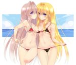  2girls bare_shoulders beach bikini black_bikini blonde_hair blush breast_press breasts erect_nipples hand_on_another&#039;s_hip hand_on_another's_hip leg_up long_hair looking_at_viewer multiple_girls mvv navel nipples ocean original pink_hair purple_eyes rancy rancy01 red_bikini side-tie_bikini swimsuit water yuri 