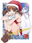  2012 amano_yoki bad_id bad_pixiv_id bikini_top brown_hair christmas gloves green_eyes high_heels highres merry_christmas original sack shoes solo twintails v white_gloves 