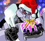  christmas decepticon gift gift_box grin hat megatron no_humans no_pupils presenting red_eyes robot sack santa_hat smile solo transformers tsushima_naoto 
