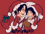  2boys black_hair bow box brother brothers christmas eating food freckles gigologic gloves hat male male_focus monkey_d_luffy multiple_boys one_piece pixiv_thumbnail portgas_d_ace resized santa_hat scar shueisha siblings 