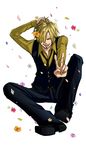  1boy blonde_hair flower formal hair_over_one_eye male male_focus miwan_one one_piece pixiv_manga_sample sanji shirt smile solo suit yellow_shirt 